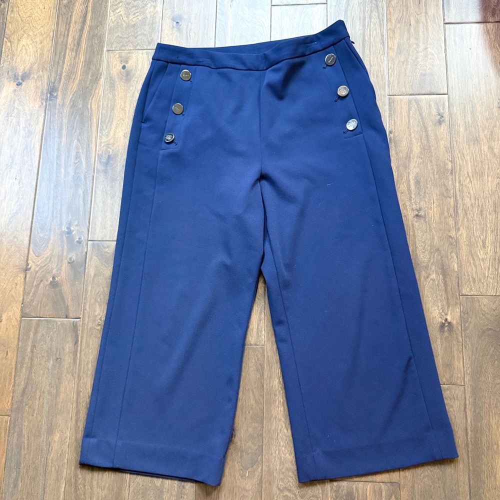 DKNY Sailor Pants Womens 14 Navy Blue Excellent‎ Wide Leg Cropped Logo Button